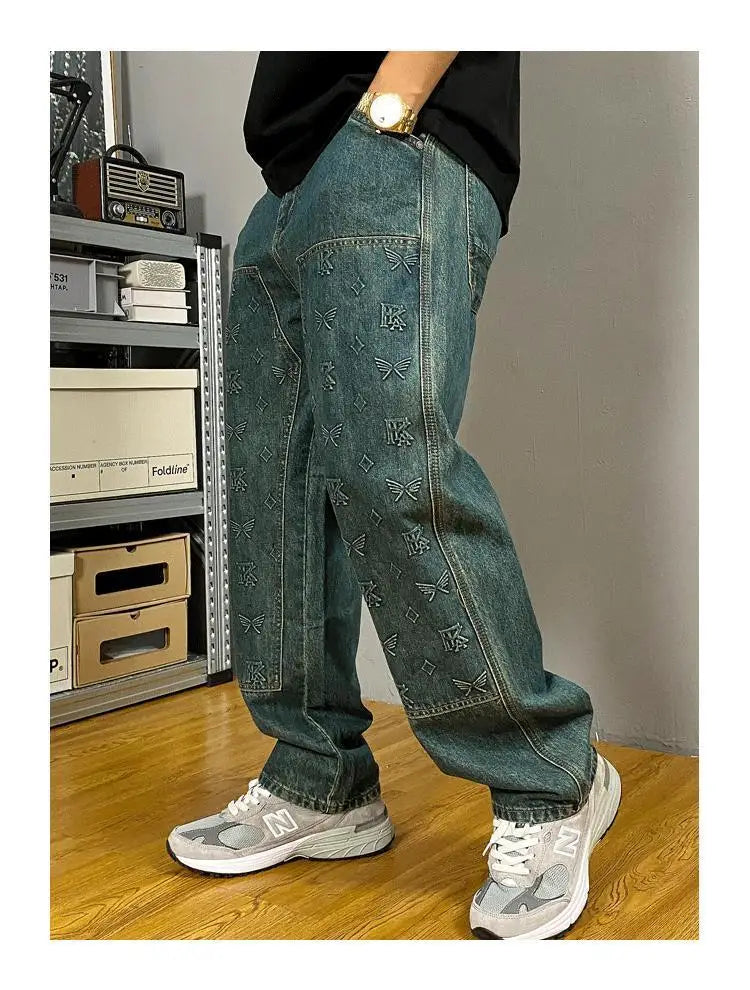 Vaqueros Workwear Hombre Bordados - Jeans Sueltos Rectos Retro Lavado Vintage Casuales
