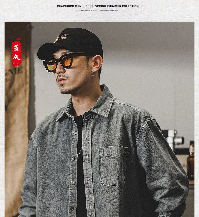 Camisa Denim Hombre Retro Trabajo - Casual Chaqueta Primavera Otoño Azul Manga Larga