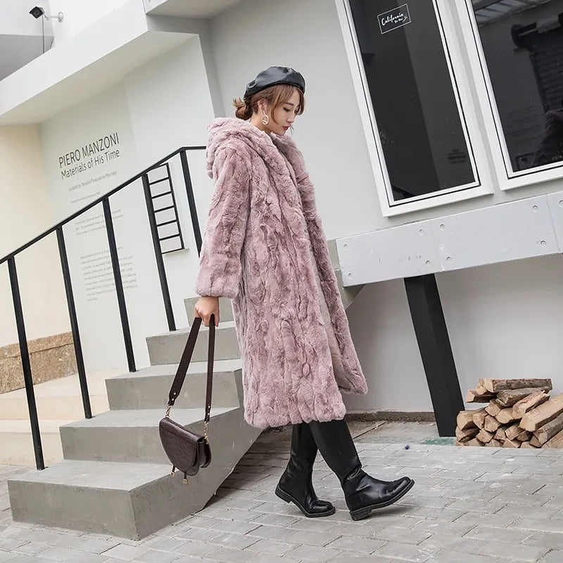 Abrigo Piel Conejo Mujer Capucha - Abrigo Real 110cm Largo Invierno