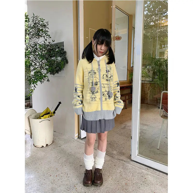 Cárdigan Mujer Vintage Graffiti Capucha - Oversized Invierno Punto Kawaii