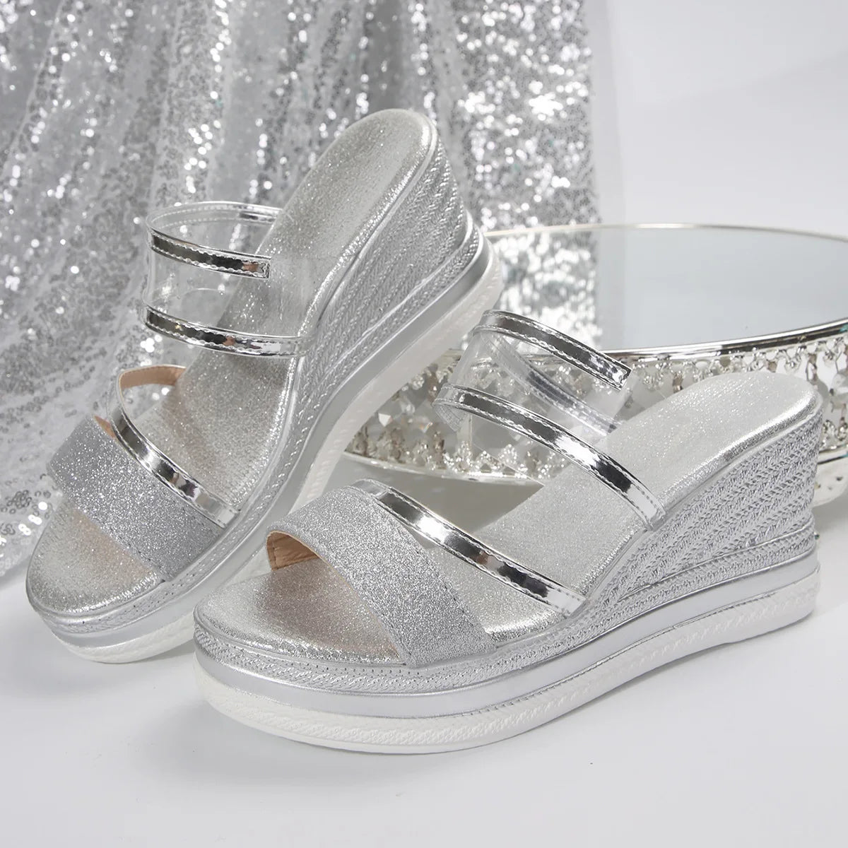 Sandalias Cuña Mujer Luxury Brillantes - Chanclas Plataforma Sexy Tacón Alto Playa