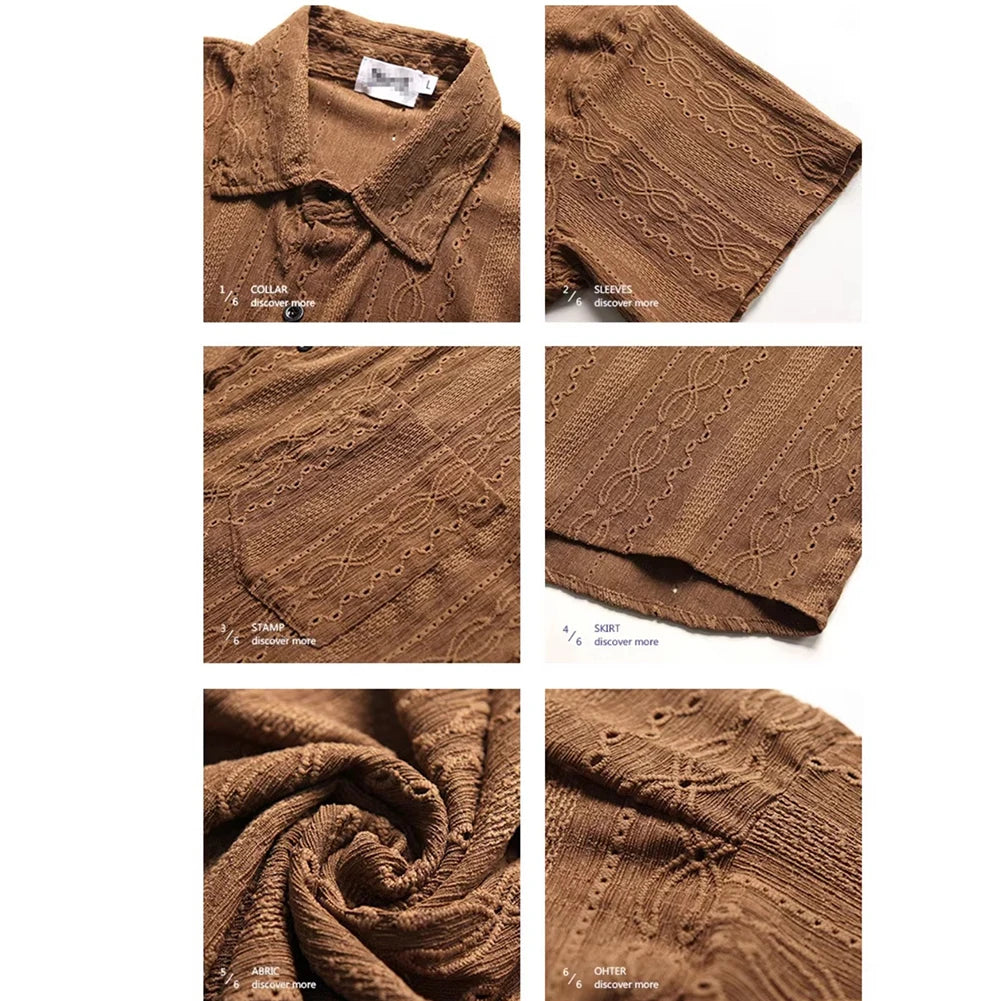 Camisa Hombre Casual Suelta Calada Manga Corta - Bolsillos Retro Fashion Vacaciones Diario