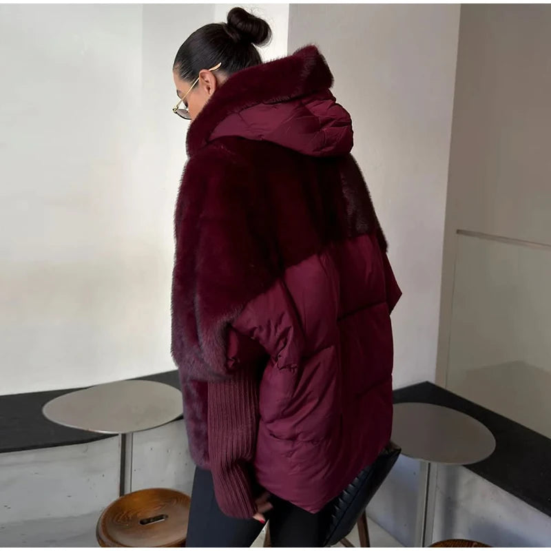 Abrigo Mujer Capucha Patchwork - Abrigo Manga Tejida Oversize 2025