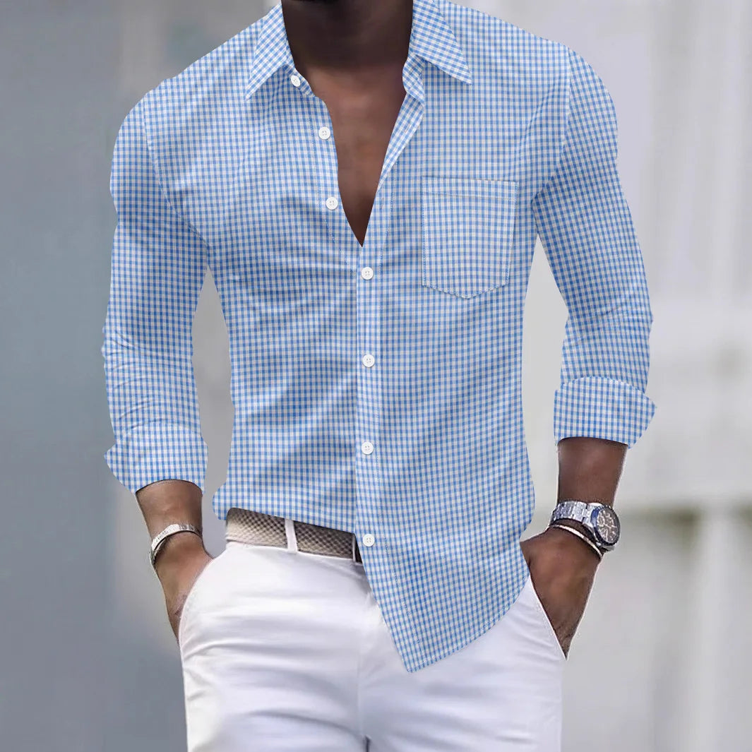Camisa Hombre Business Casual Primavera Otoño - Cuadros Bolsillos Manga Larga Abotonada