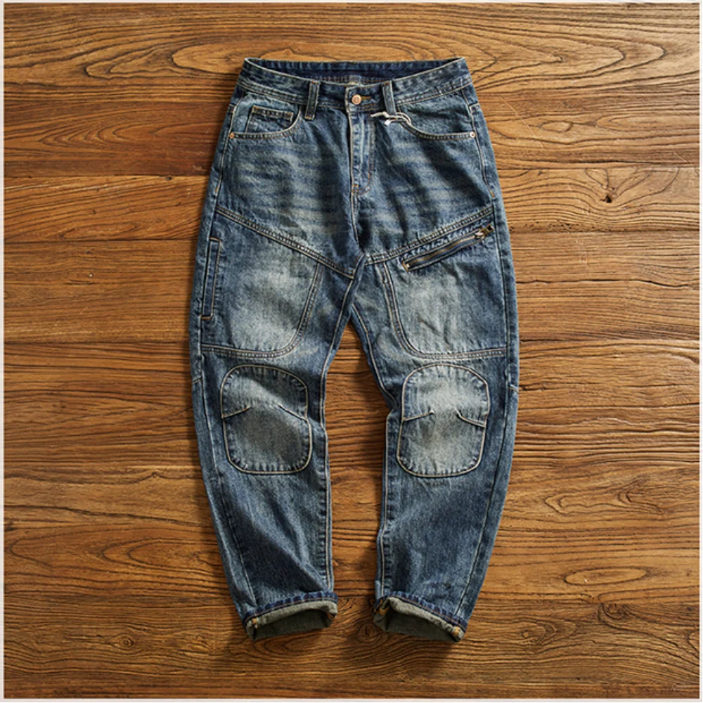 Vaqueros Moto Vintage Americanos - Jeans Cargo Parches Pesados Estilo Retro