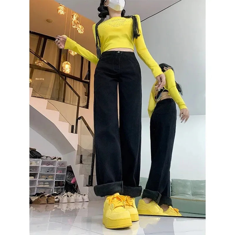 Vaqueros Mujer Forro Polar Invierno - Jeans Pierna Ancha Térmicos Gruesos