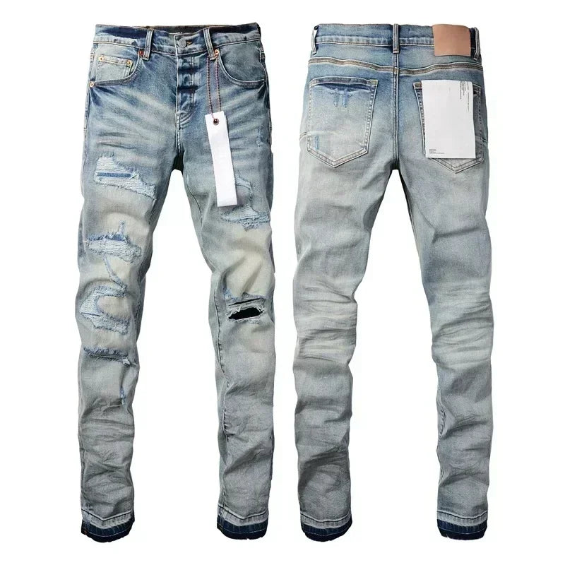 Vaqueros Hombre 2025 High Street Rotos - Jeans Skinny Desgastados Azul Cintura Baja Fashion