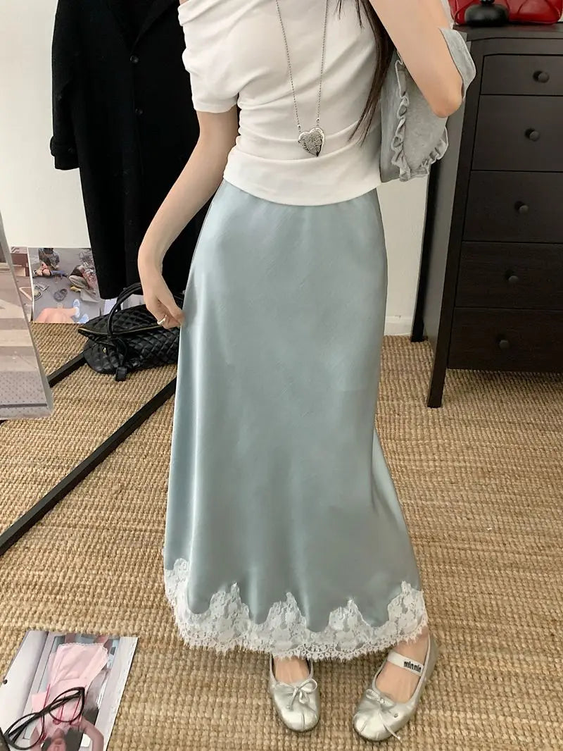Falda Satén Mujer Larga Elegante - Falda Línea A Encaje Cintura Alta Verano