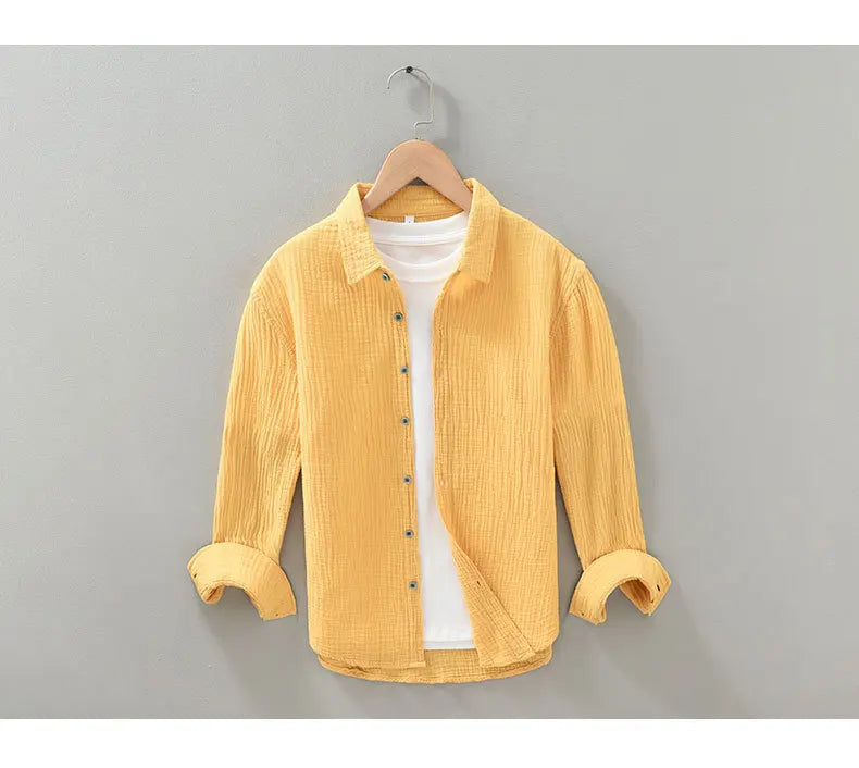 Camisa Hombre Gasa Doble Algodón - Casual Arrugada Manga Larga Suave Transpirable Cuello Cuadrado