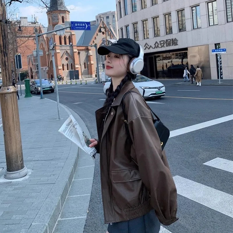 Chaqueta Cuero Mujer Americana - Chaqueta Moto Café Retro 2024