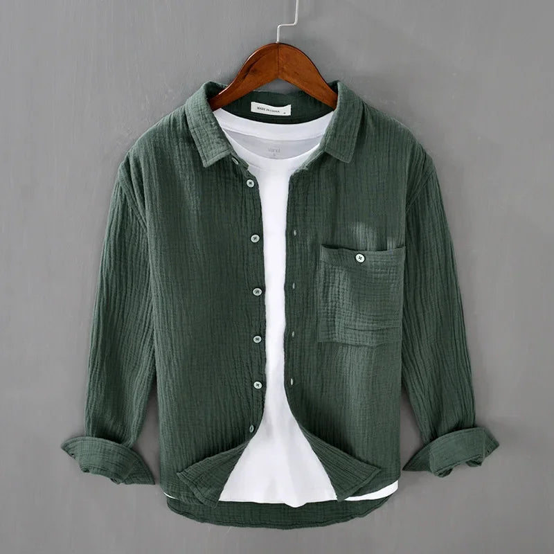 Camisa Hombre Gasa Doble Algodón - Casual Arrugada Manga Larga Suave Transpirable Cuello Cuadrado