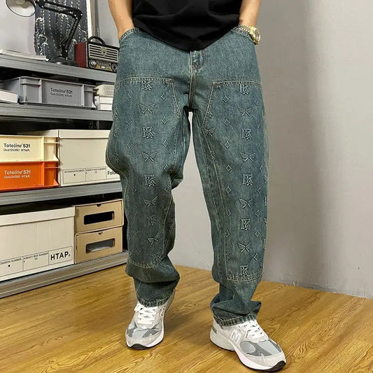 Vaqueros Workwear Hombre Bordados - Jeans Sueltos Rectos Retro Lavado Vintage Casuales