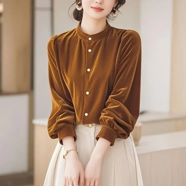 Top Terciopelo Mujer Temperamento - Top Diseño Francés Manga Larga 2025