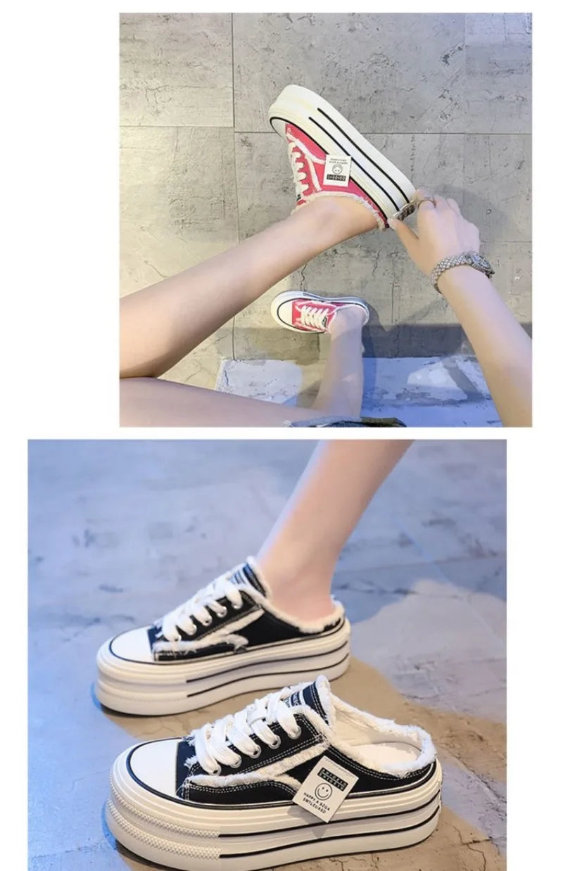 Chinelos Canvas Mujer Medio - Sneakers Slip-On Plataforma Transpirables Loafers