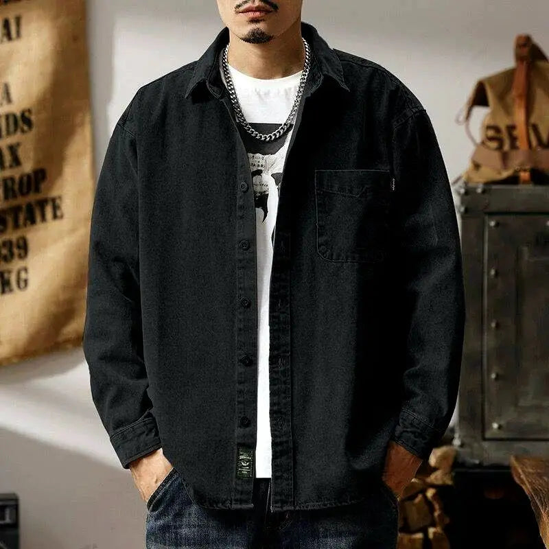Camisa Denim Hombre Retro Trabajo - Casual Chaqueta Primavera Otoño Azul Manga Larga