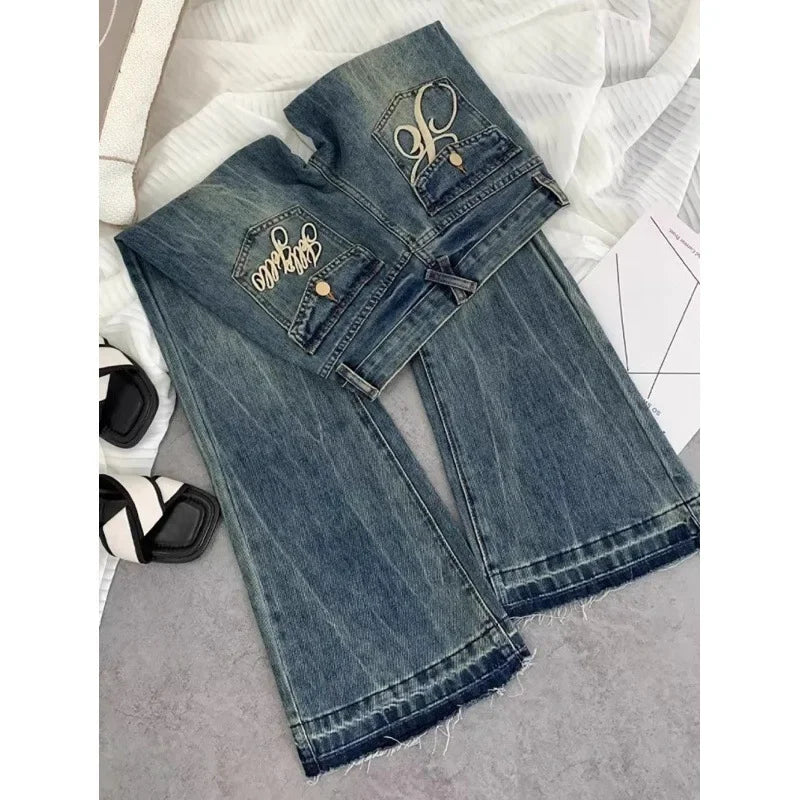 Jeans Acampanados Mujer Retro Americano - Pantalón Bordado Vintage Otoño