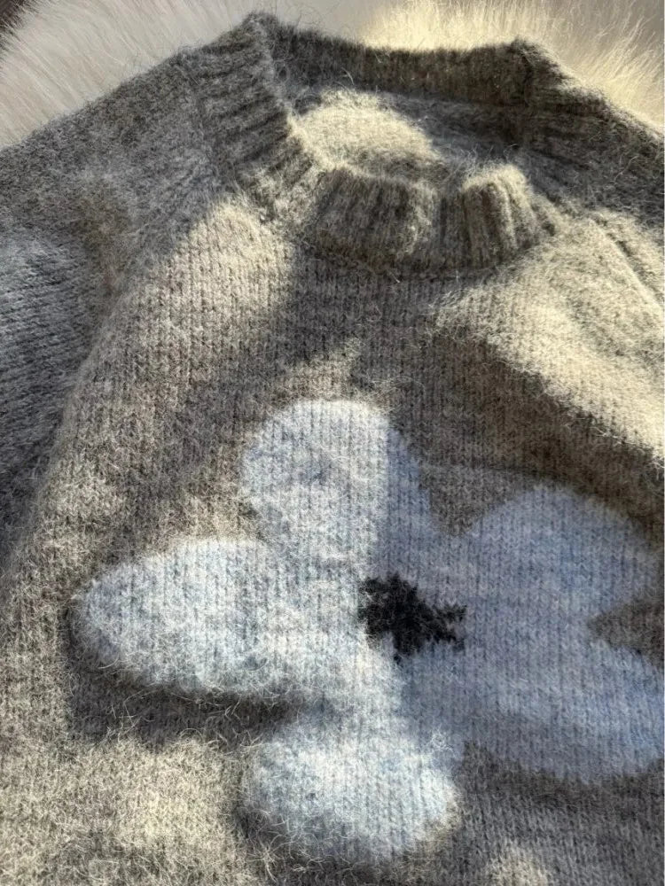 Jersey Mujer Invierno Flores Gris - Punto Holgado Cálido Vintage