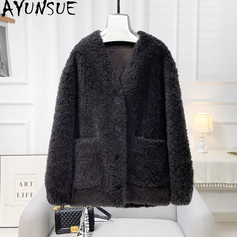 Chaqueta Lana Mujer Natural - Chaqueta Cordero Cuello V Media Largo 2025