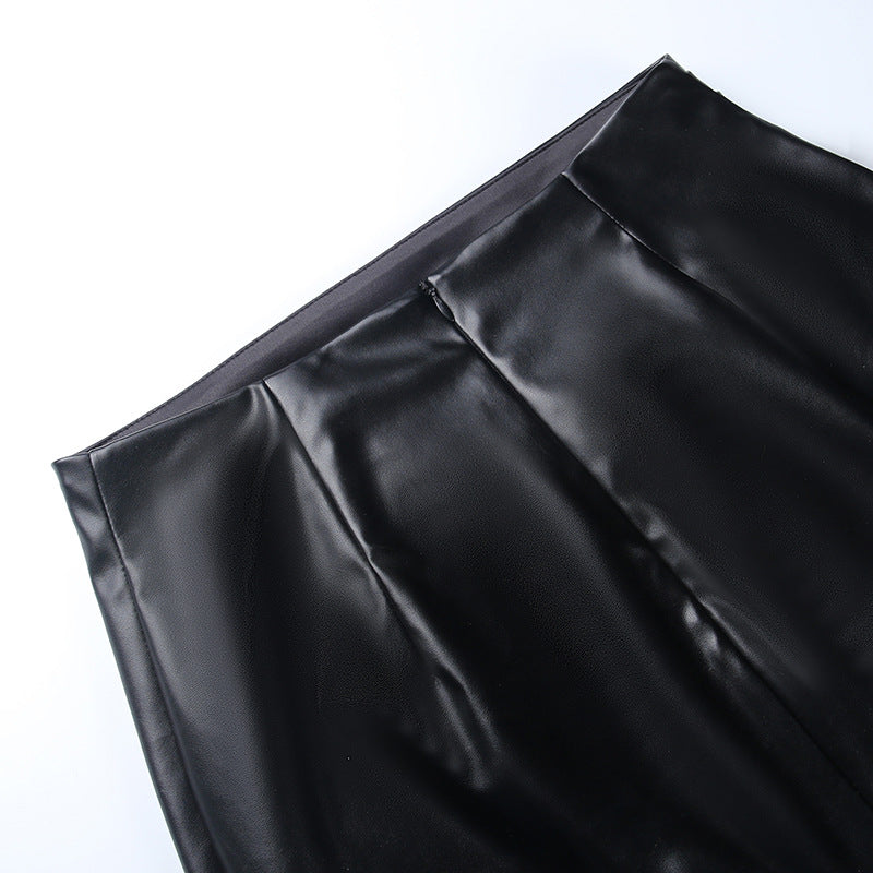 Falda Piel Mujer Elegante Oficina - Falda Cuero PU Midi Fruncida Negra Otoño