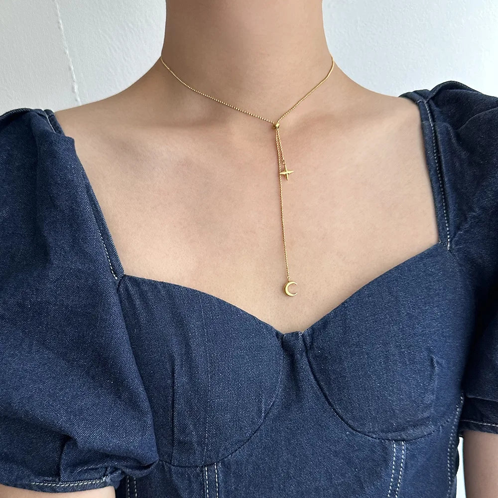 Collar Luna Estrellas Mujer - Acero Inoxidable Dorado Flecos Romántico