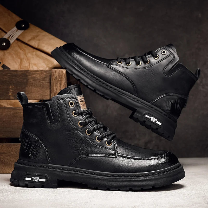 Botas Hombre Motocicleta Outdoor - Botines Casual Plataforma Cordones Marrón Negro