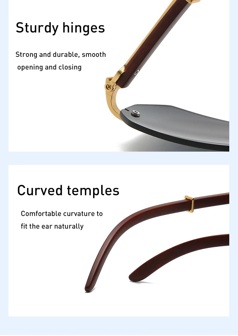 Gafas de Sol Retro Sin Montura Marco Madera - Rectangulares Vintage UV400