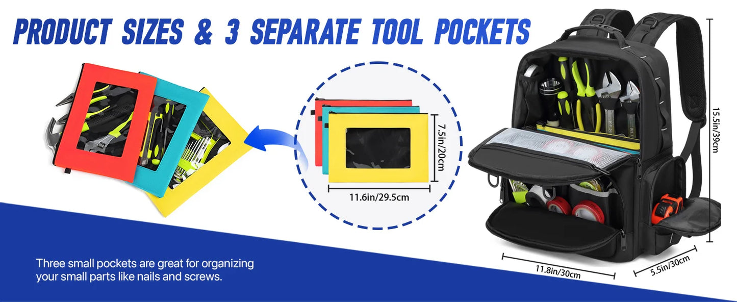 Mochila Herramientas Profesional Heavy Duty - Almacenamiento 3 Bolsas Electricista Fontanero