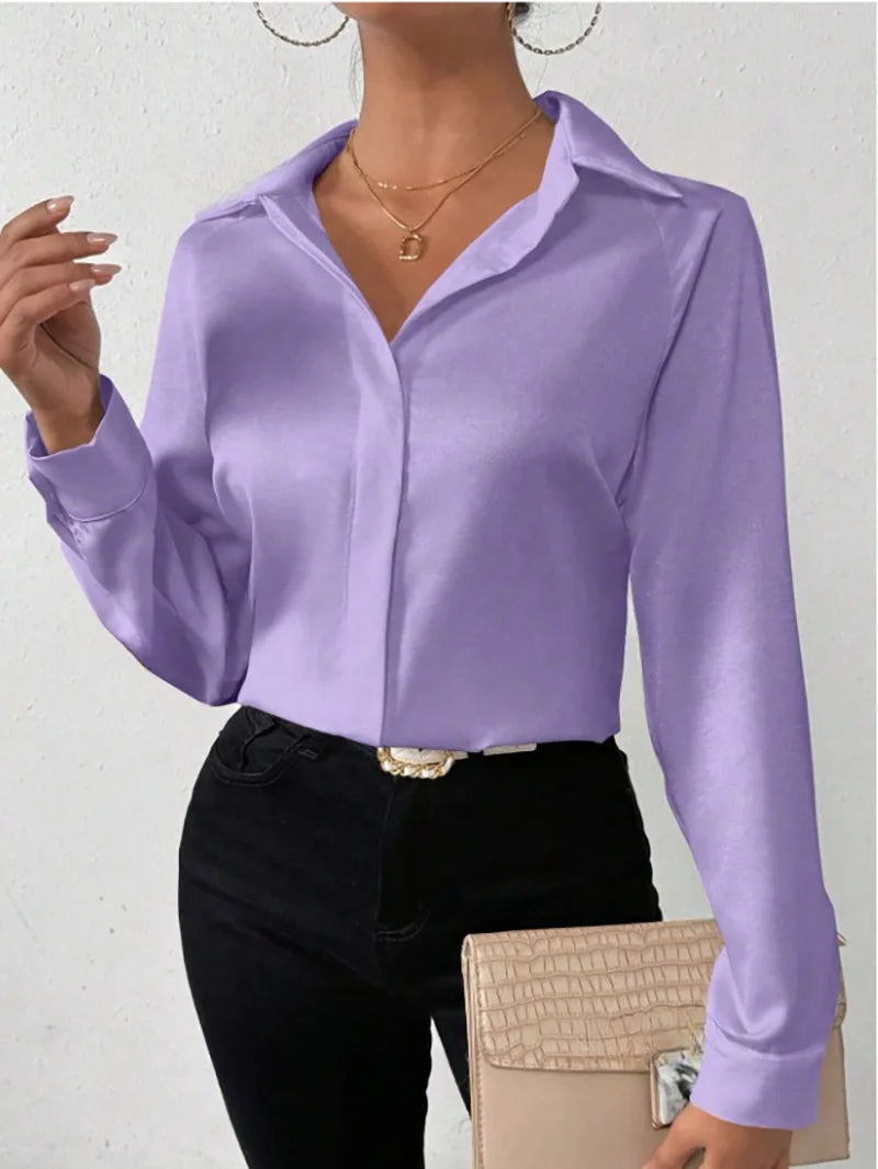 Blusa Satén Mujer Manga Larga - Camisa Elegante Seda