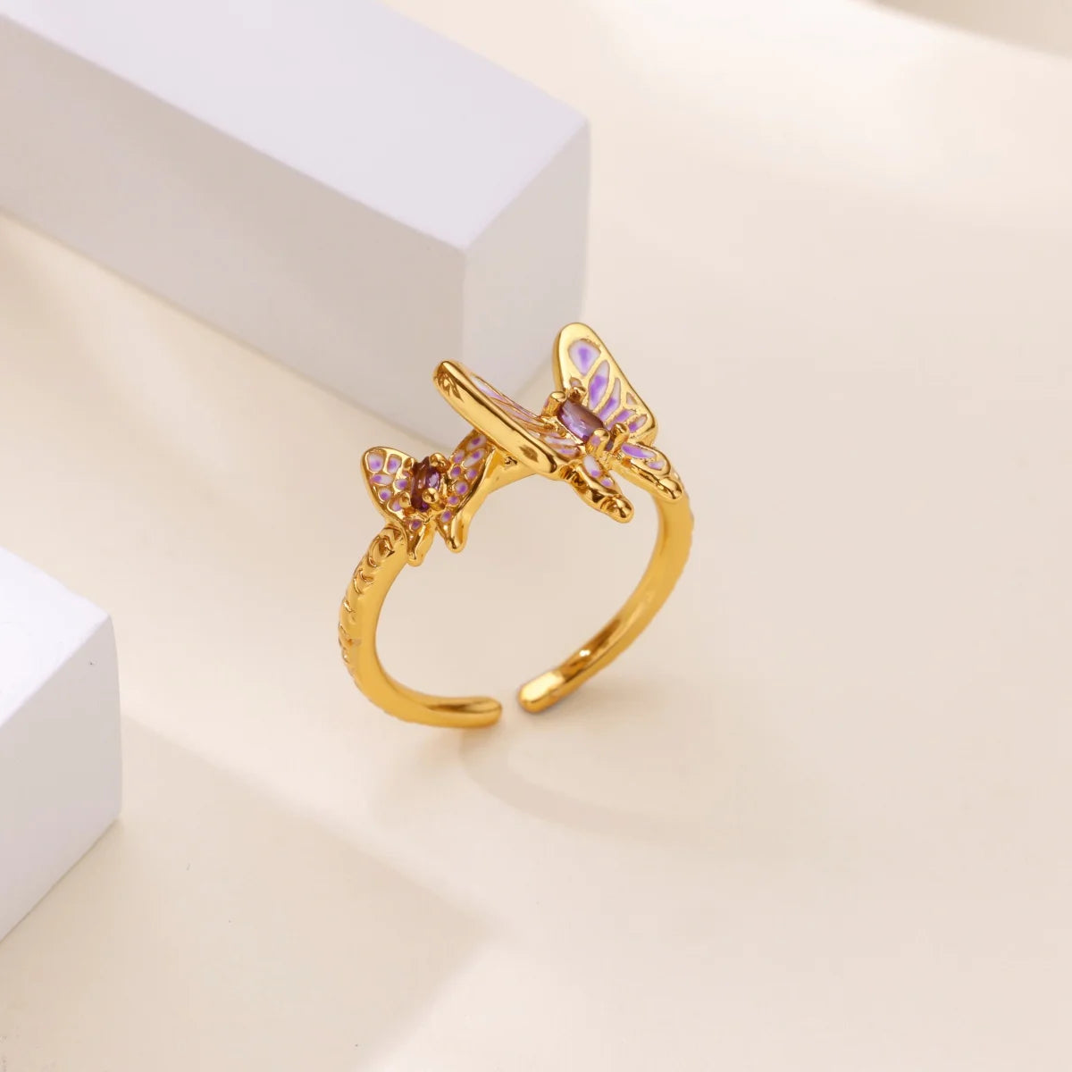 Anillo Mariposa Circonita Mujer - Acero Inoxidable Dorado Ajustable