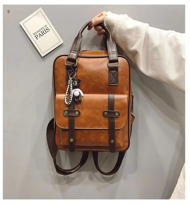 Mochila Cuero Juvenil Unisex - Alta Calidad Adolescentes Escolar Hombro Satchel Color Sólido