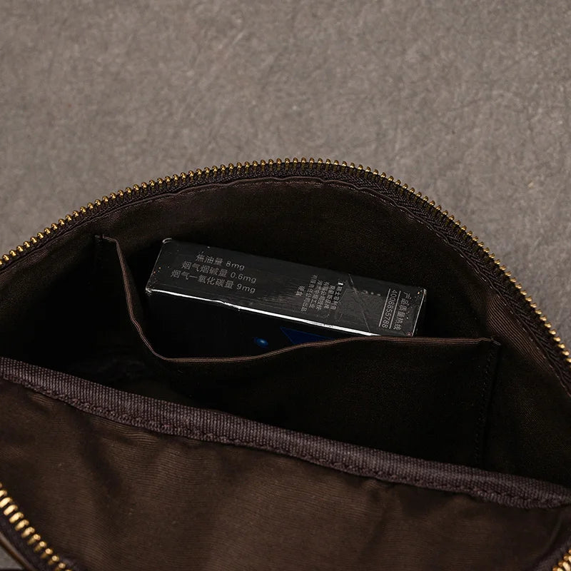 Riñonera Cuero Genuino Hombre - Bolsa Cinturón Móvil Mini Viaje Pecho Crossbody Negra