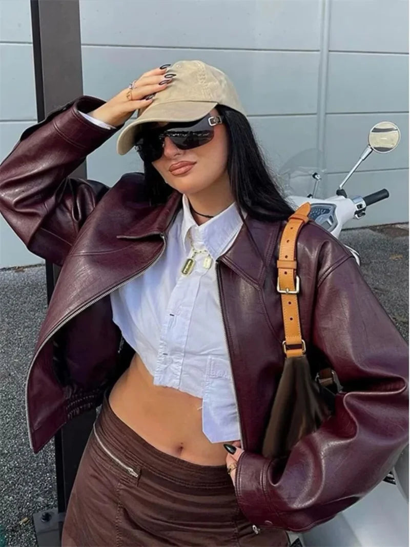 Chaqueta Cuero Mujer Burgundy - Chaqueta Retro Americana 2025