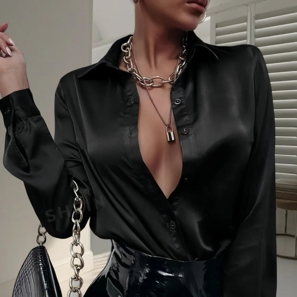 Blusa Satén Mujer Primavera - Camisa Seda Manga Larga Elegante