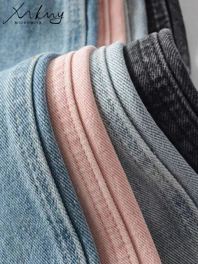 Jeans Rectos Mujer Grises - Pantalón Denim Cintura Alta Vintage