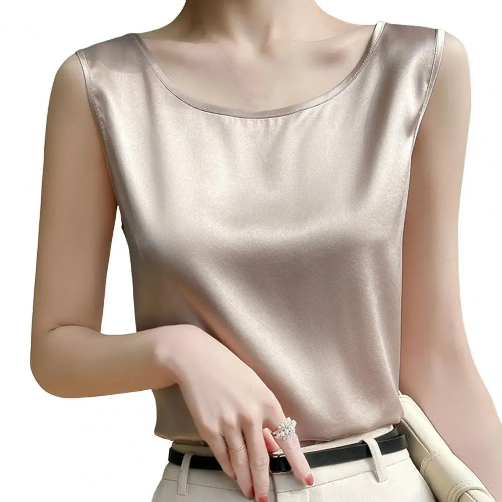 Top Satén Mujer Sin Mangas Verano - Camisola Cuello Redondo Elegante