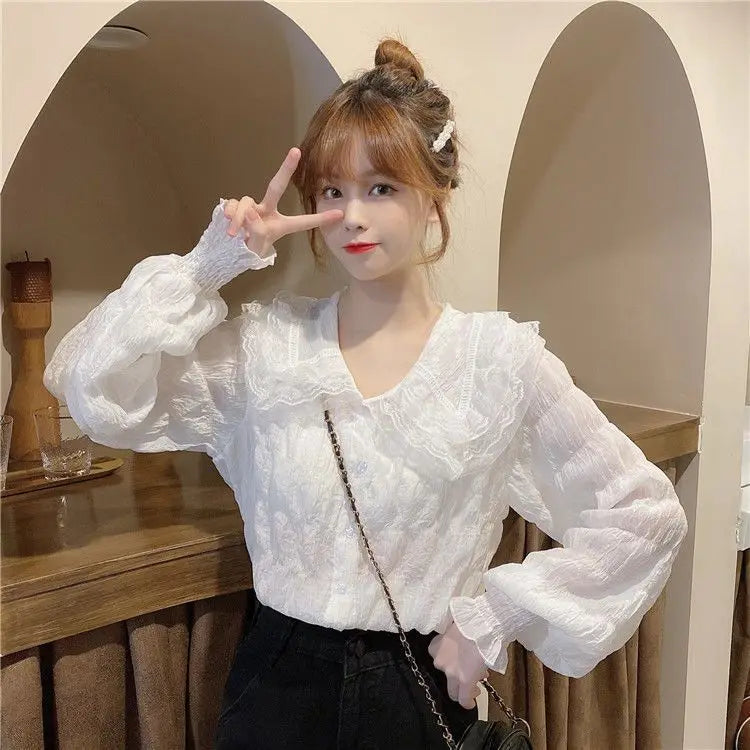 Camisa Cuello Peter Pan Mujer Coreana - Blusa Manga Larga Kawaii Primavera