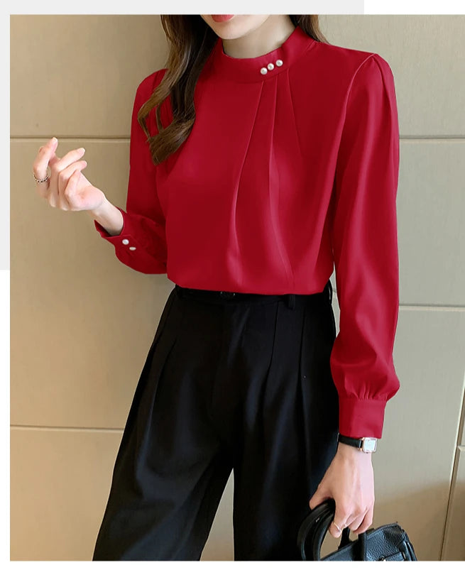 Blusa Satén Mujer Pedrería - Camisa Oficina Primavera Otoño 2025