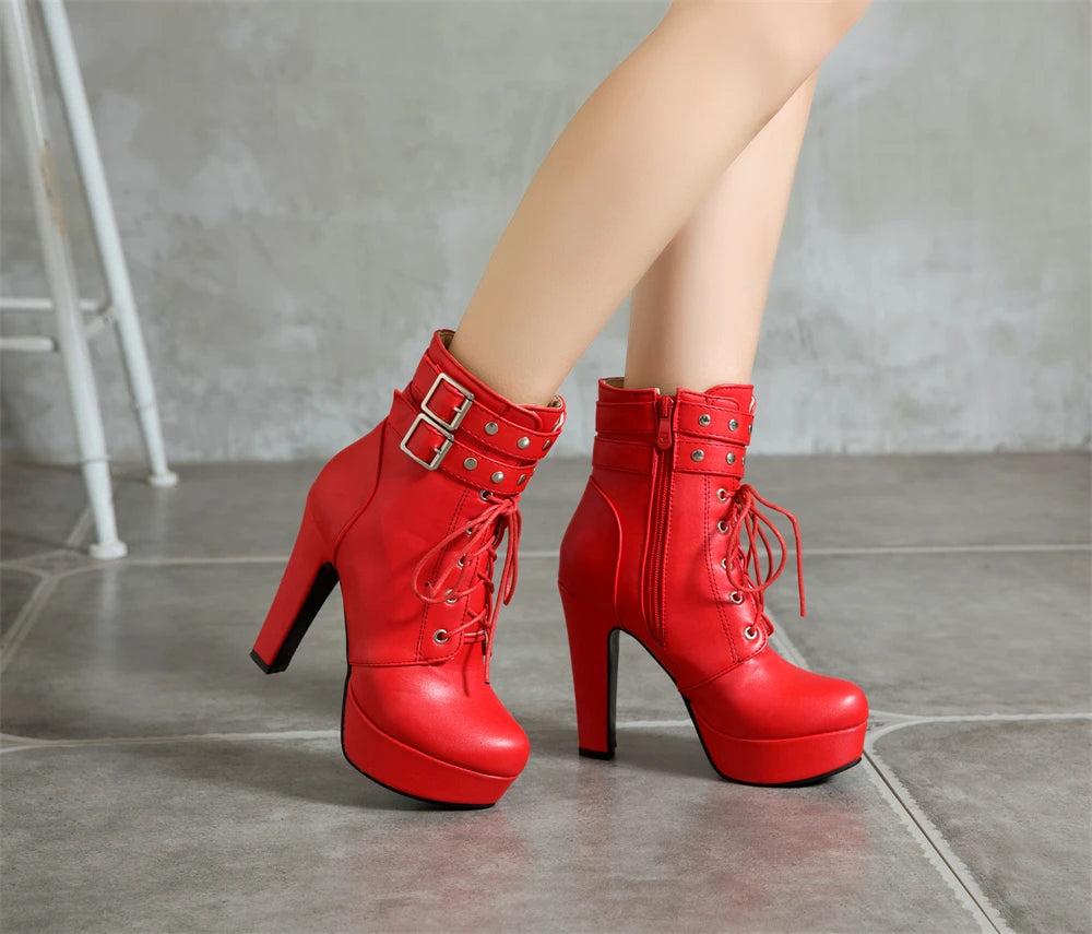 Botas Tobillo Mujer Plataforma Cordones - Tacón Alto Hebilla Talla 34-46
