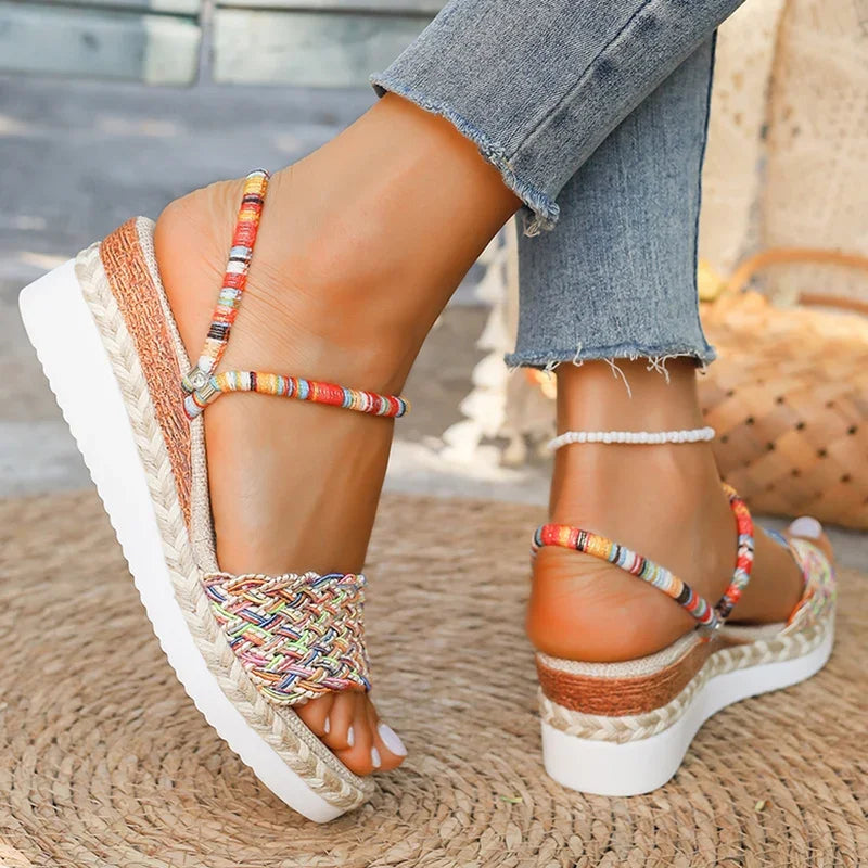 Sandalias Bohemias Mujer Cuña - Chanclas Playa Plataforma Tejidas Coloridas Talla Grande