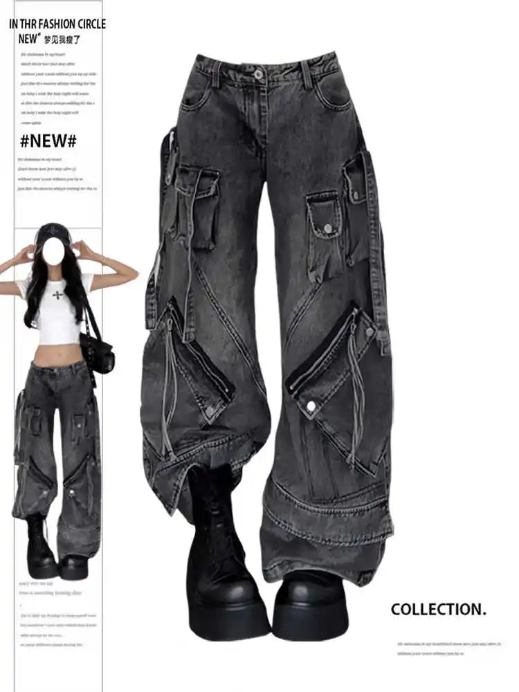 Jeans Cargo Mujer Negros - Pantalón Streetwear Y2K Pierna Ancha