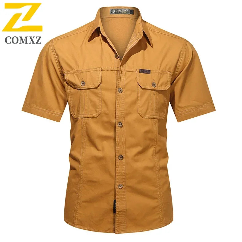 Camisa Hombre Trabajo Cargo 2025 - 100% Algodón Manga Corta Multi-Bolsillos Pesca Caza Verano