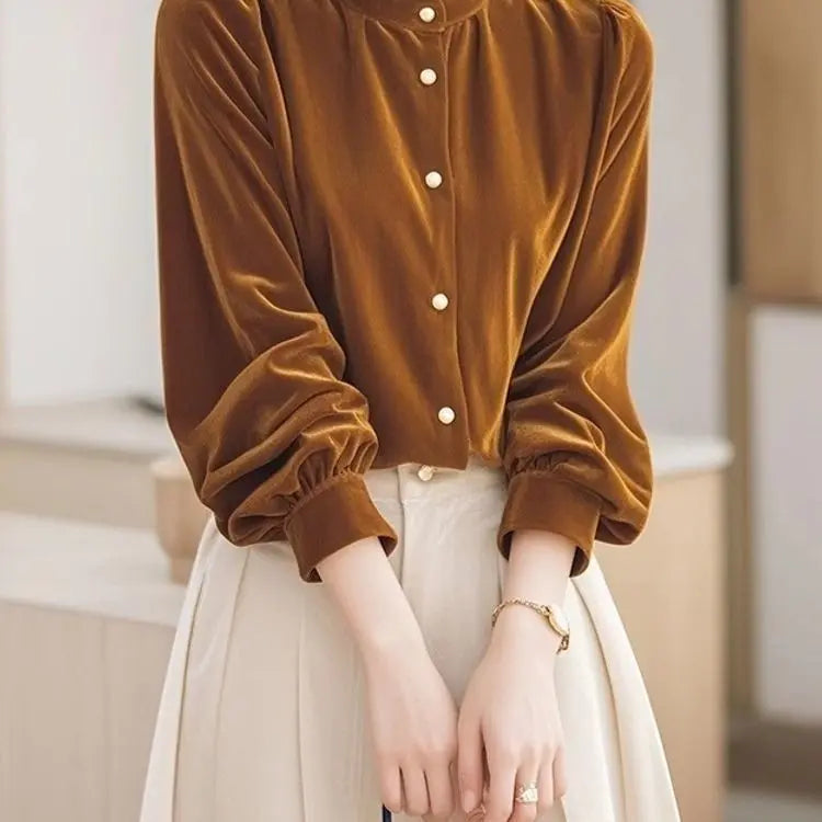 Top Terciopelo Mujer Temperamento - Top Diseño Francés Manga Larga 2025