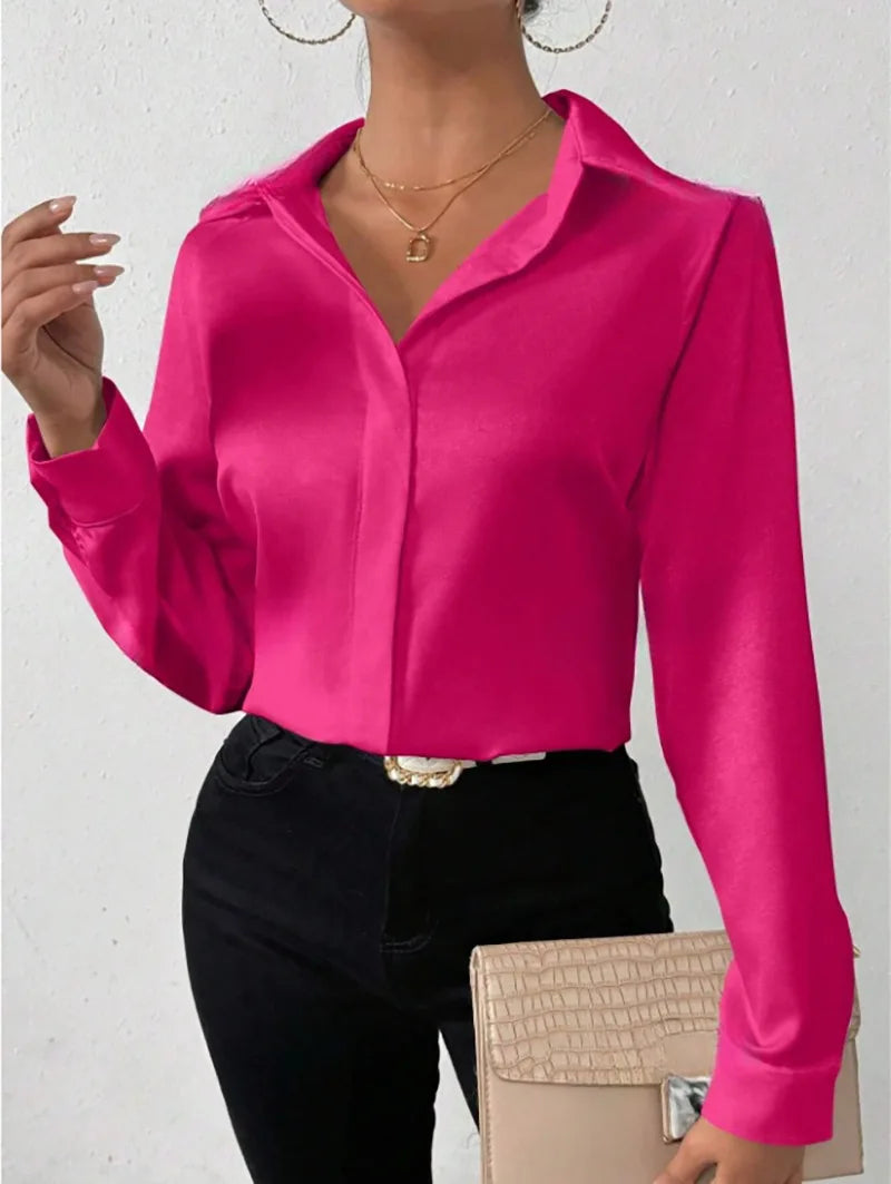 Blusa Satén Mujer Manga Larga - Camisa Elegante Seda