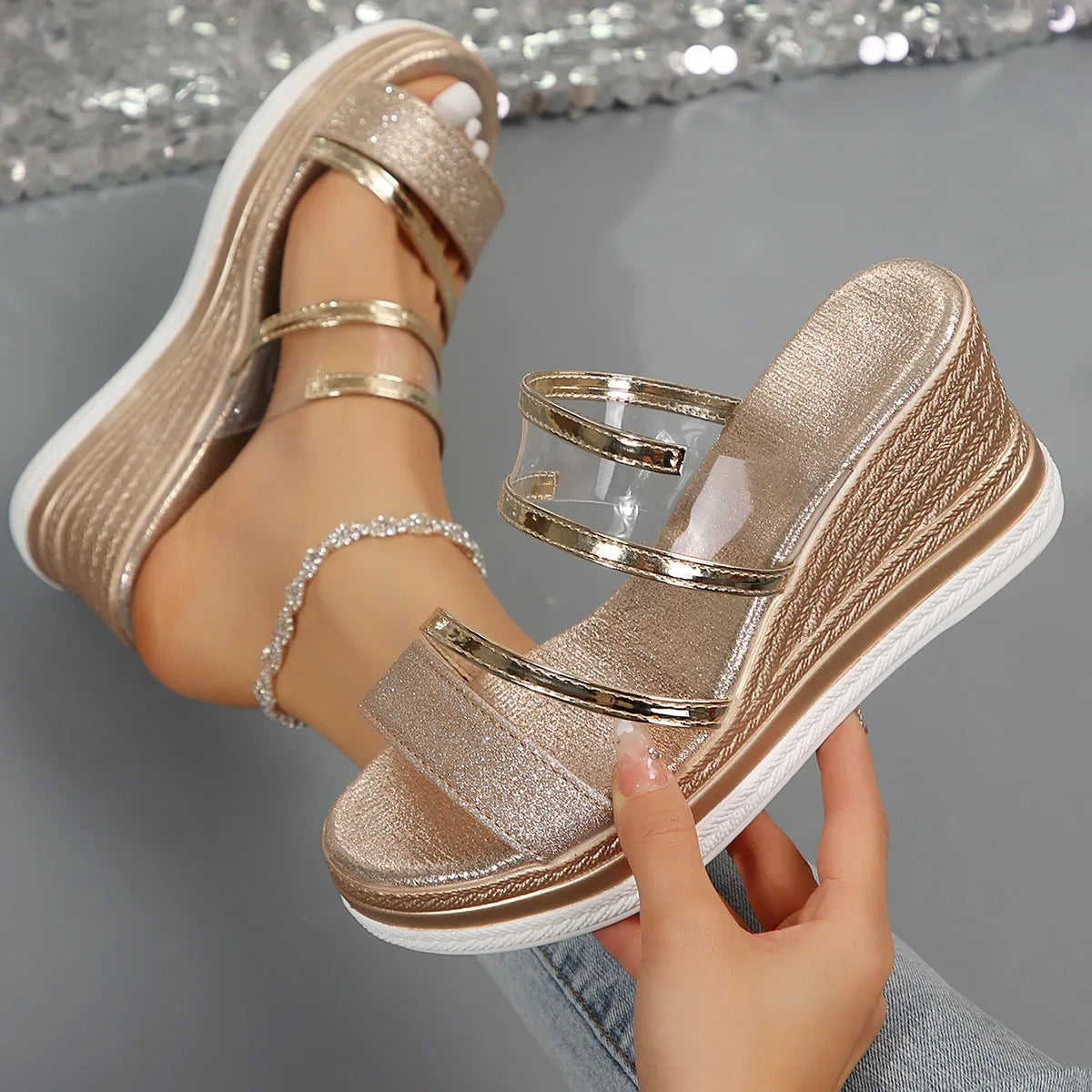 Sandalias Cuña Mujer Luxury Brillantes - Chanclas Plataforma Sexy Tacón Alto Playa