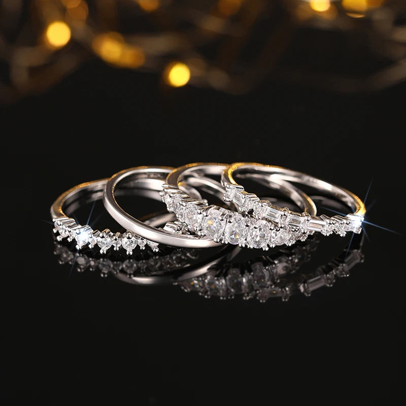 Set 4 Anillos Apilables Circonita - Lujo Trendy Boda Mujer