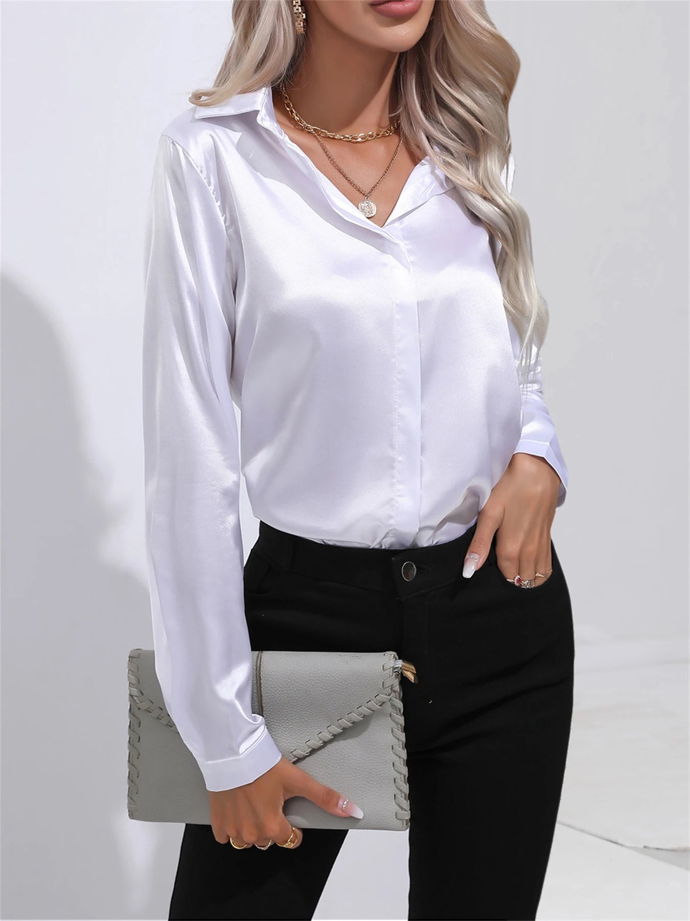Camisa Satén Mujer Oficina - Blusa Cuello Botón Manga Larga