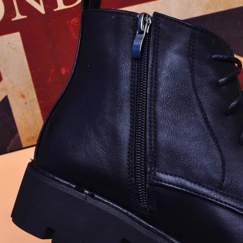 Botas Hombre Cuero Natural Negras - Casual Otoño Invierno Cowboy Platform Business Oficina Tobillo
