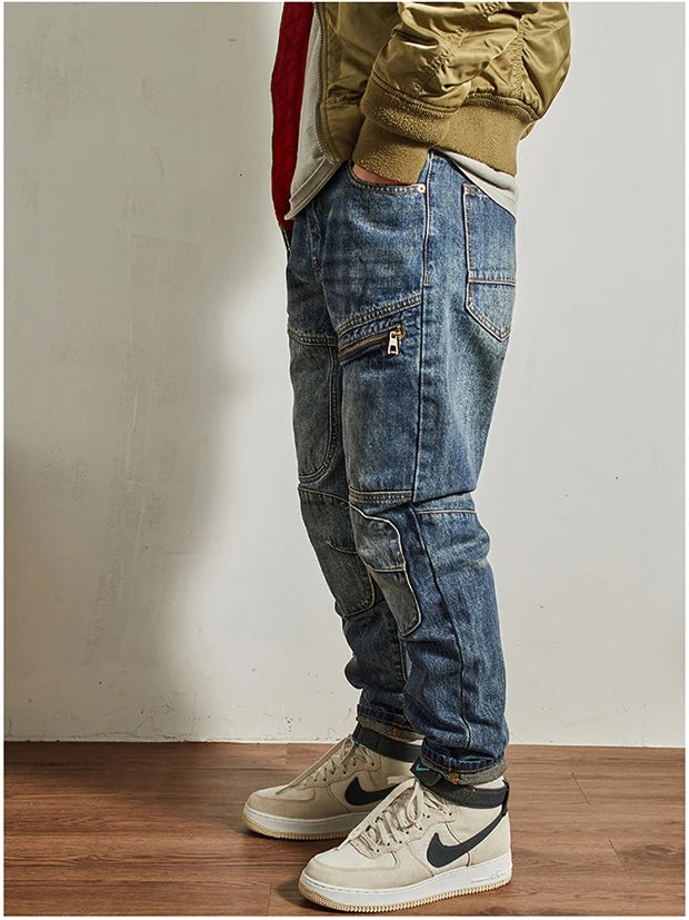 Vaqueros Moto Vintage Americanos - Jeans Cargo Parches Pesados Estilo Retro