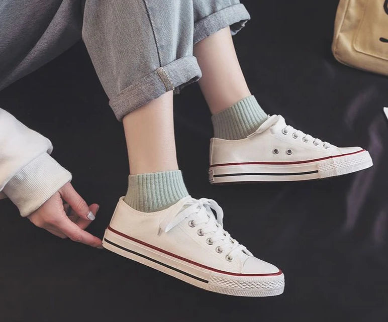Zapatos Canvas Mujer Blancos - Zapatillas Planas Cordones Primavera 2025