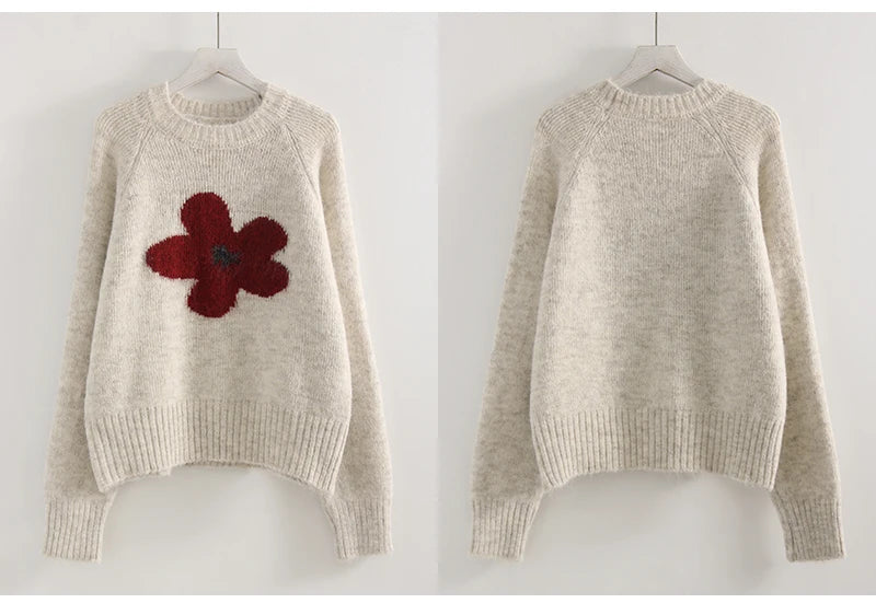 Jersey Mujer Invierno Flores Gris - Punto Holgado Cálido Vintage